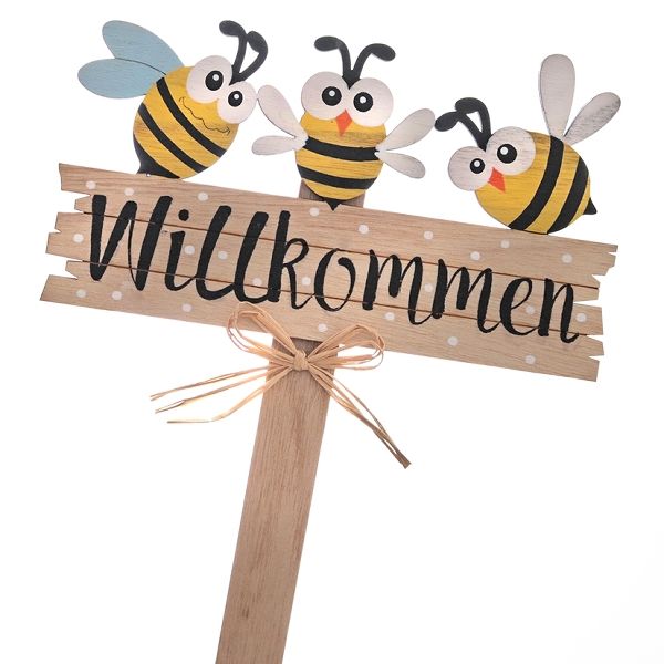 Gartenstecker "Willkommen" mit Bienen, Holz