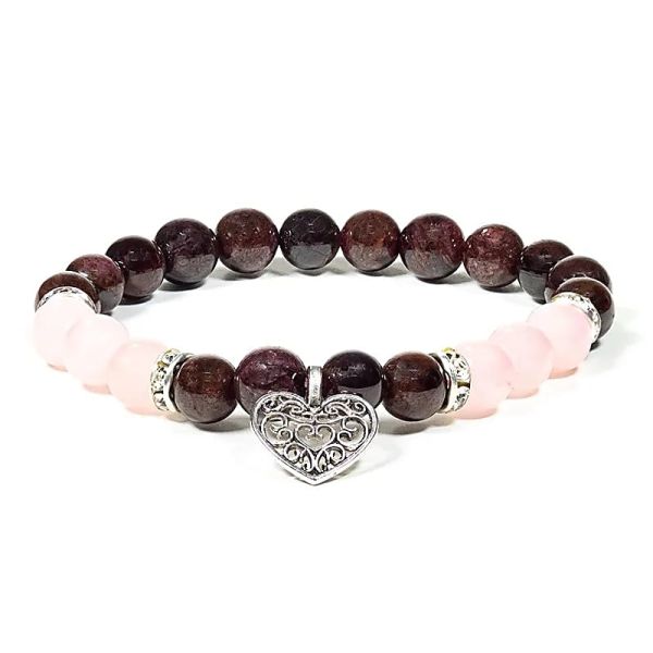Armband Granat/ Rosenquarz mit Herz 8 mm
