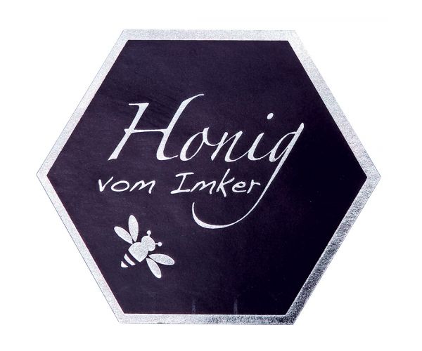 Honig-Etikett Sechseckform, schwarz mit Silberprägung, 100 Stück