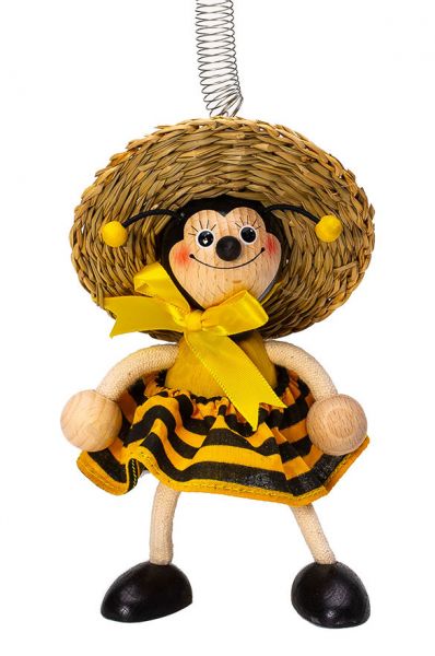Holz-Biene mit Feder, mit Kleid und Strohhut
