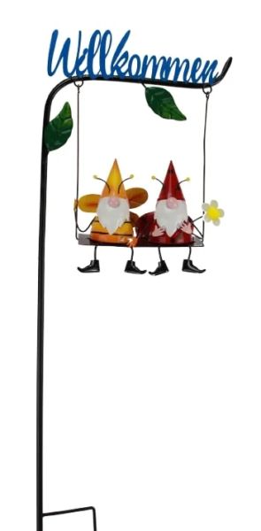 Gartenstecker Zwerge auf Schaukel "Willkommen", metall