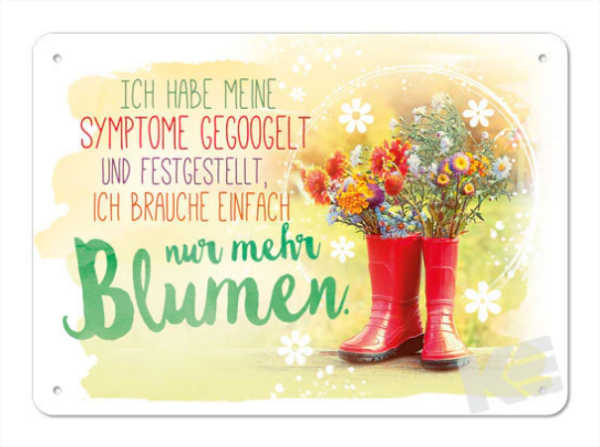 Metallschild "Ich habe meine Symptome gegoogelt und festgestellt, ich brauche einfach nur mehr Blume