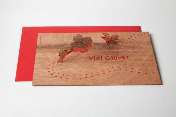 Holzgrußkarte mit PopUp-Motiv - Marienkäfer "Viel Glück"