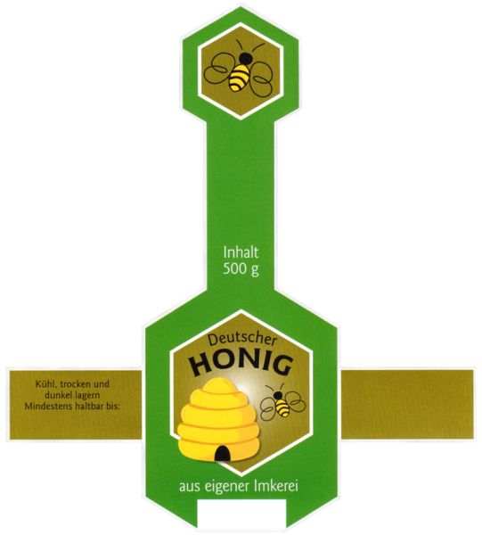 Honigglas-Etikett 500 g, grün mit Deckellasche und Bienenkorb