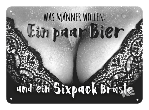 Metallschild "Was Männer wollen: Ein paar Bier und ein Sixpack Brüste"