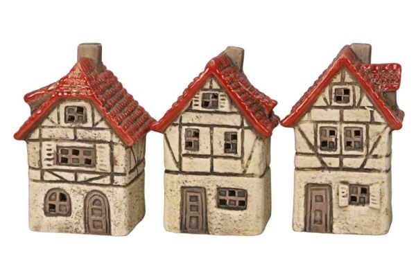 Deko-Häuschen Steinzeug mit LED rot-braun, 8 x 7 x 12 cm