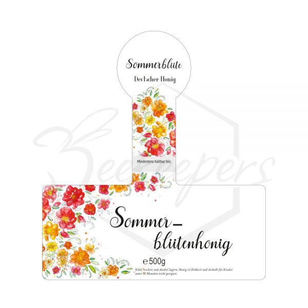 Honig-Etikett "Blumenranke" - Sommerblütenhonig, mit Steg, selbstklebend, 500 g, 100 Stück