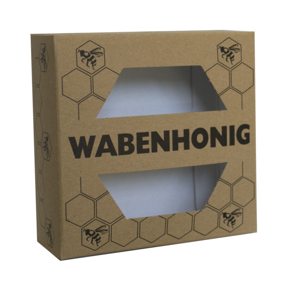 Verpackung für Wabenhonig mit Wabenmotiv - für Holzrähmchen 100 x 100 x 37 mm