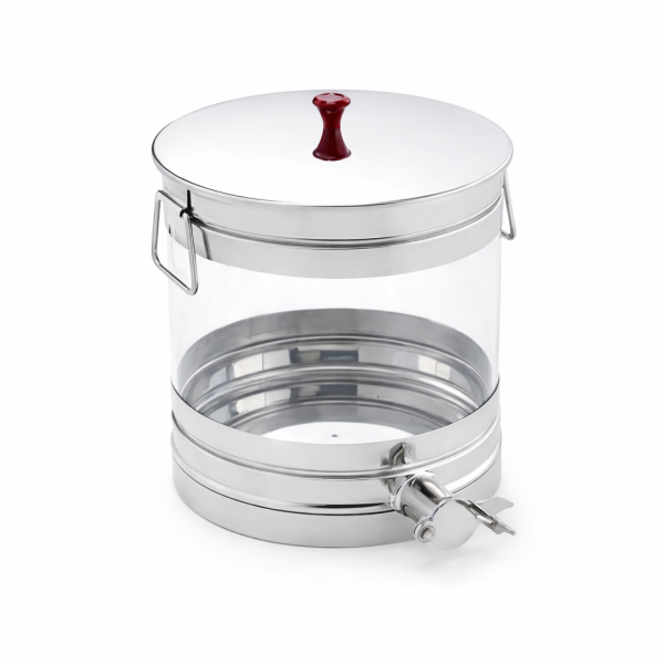 Honig-Abfülleimer 25 kg Plexiglas, Auflagedeckel, Edelstahlquetschhahn