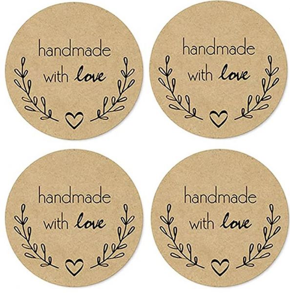 Sticker "Handmade with love", Kraftpapier, Ø 3,5 cm, 100 Stück
