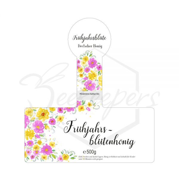 Honig-Etikett "Blumenranke" - Frühjahrsblütenhonig, mit Steg, selbstklebend, 500 g, 100 Stück