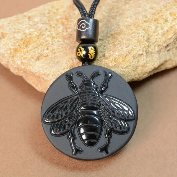 Kette mit Bienen-Anhänger schwarzer Obsidian