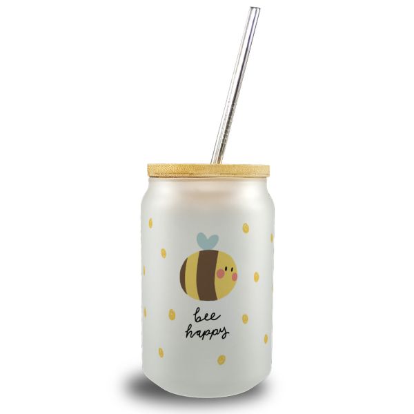 Trinkglas mit Bambusdeckel "Bee happy"
