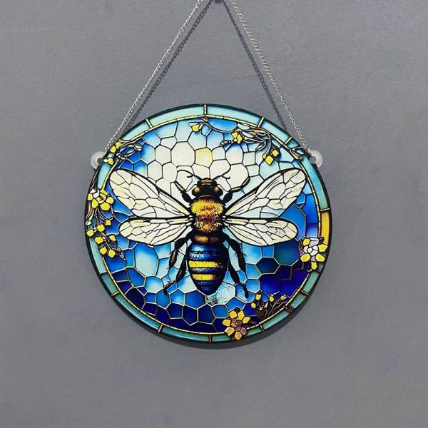 Fensterbild Biene rund, blau, ⌀ 15 cm