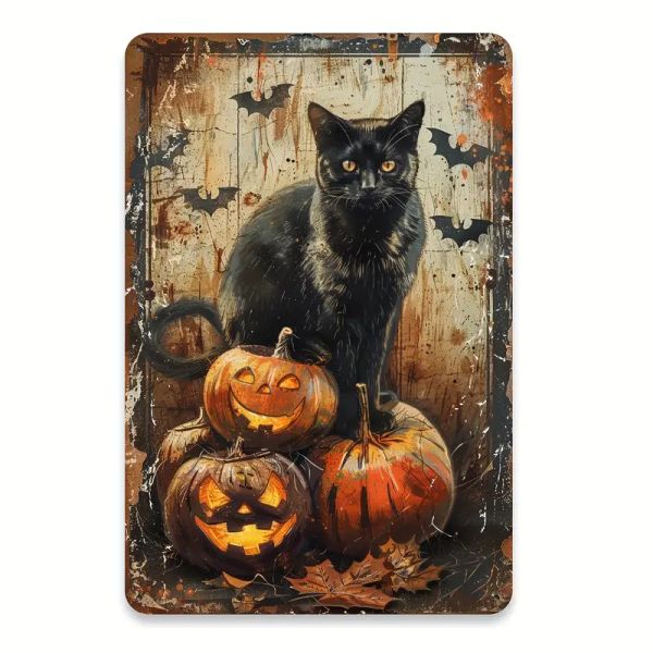Deko-Metallschild Halloween Kürbis & Schwarze Katze