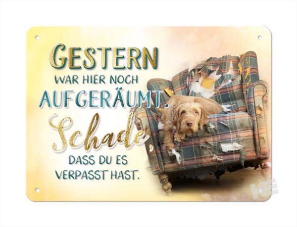 Metallschild "Gestern war hier noch aufgeräumt. Schade, dass du es verpasst hast"