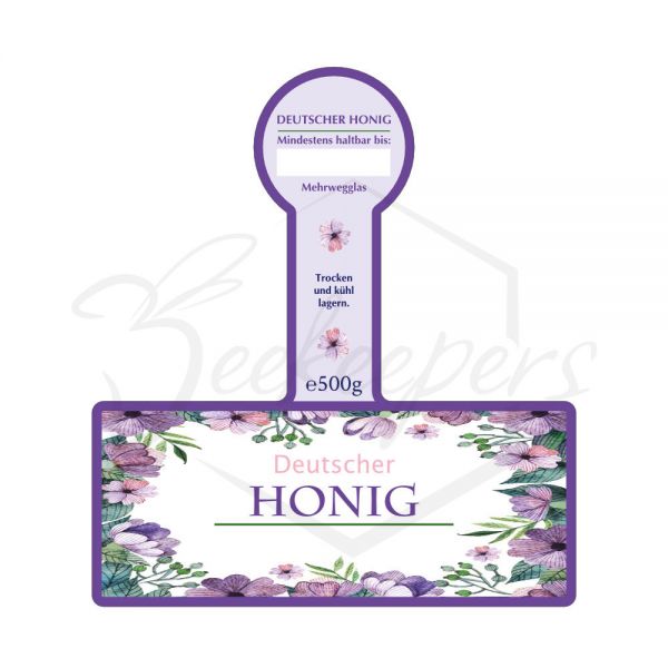 Honig-Etikett "Lila Blüten", mit Steg, selbstklebend, 500 g, 100 Stück