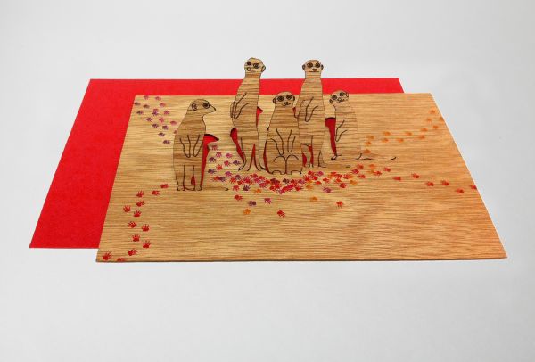 Holzgrußkarte mit PopUp-Motiv - Erdmännchen