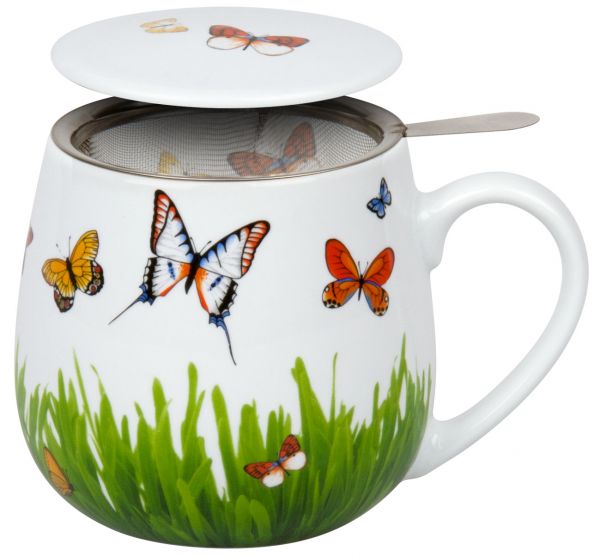 Tea for you - Kuschelbecher mit Sieb und Deckel "Schmetterlingswiese"