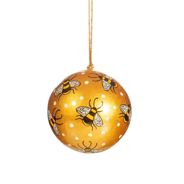 Sass & Belle Weihnachtskugel Papiermaché gold mit Bienenmotiv